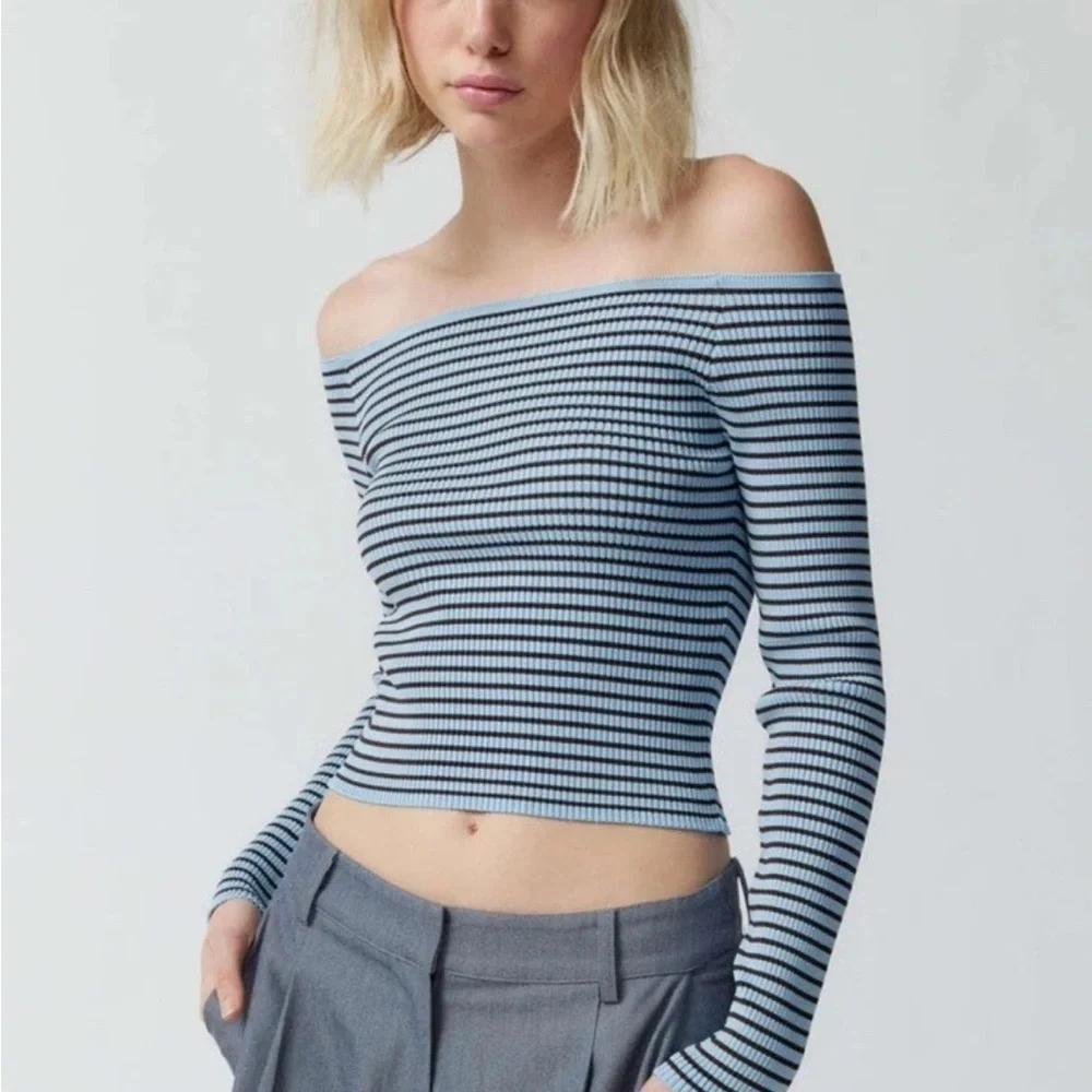 Urban Outfitters Silence Noise Berlin Off Shoulder Blue Brown Striped Sweater